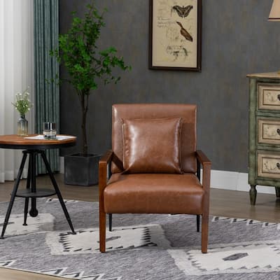 Upholstered Leather Armchair with Solid Wood Armrest - 26.77"x 25.20"x 32.28"