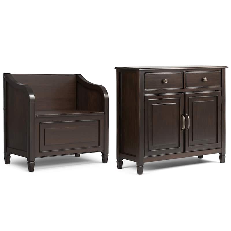 WYNDENHALL Hampshire Solid Wood 30 inch Wide Small Storage Bench and 40 inch Wide Storage Cabinet in Dark Chestnut Brown