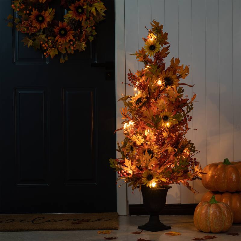 Glitzhome 48"H Fall Lighted Maple Leaf Sunflower Urn Porch Trees with Timer