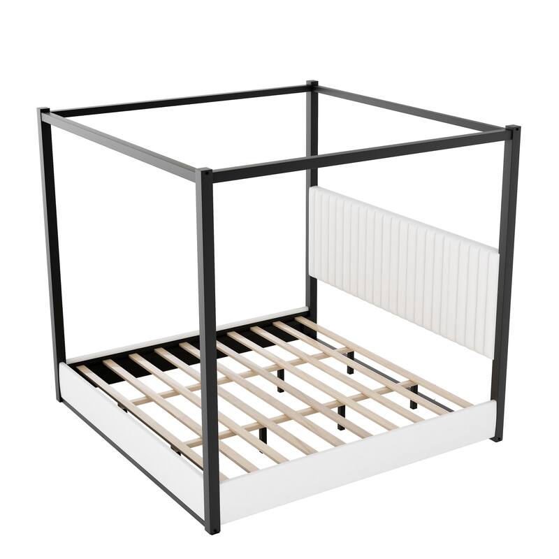King Size Upholstered Canopy Platform Bed - Headboard with Metal Frame Support
