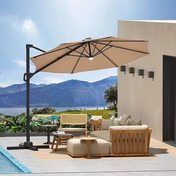 costway 10 patio outdoor sunshade hanging umbrella base stand Costway 10 ft. Market Hanging Sun Shade Offset Outdoor Patio Umbrella with  Cross Base in Beige GHM0019
