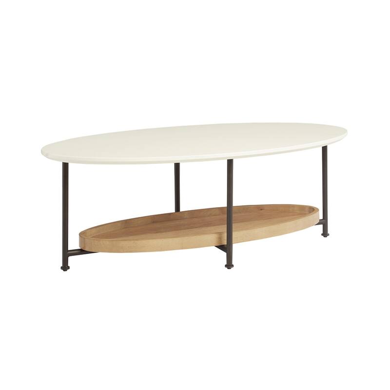 Roomfitters 48-Inch Oval Coffee Table, Contemporary White Top with Natural Wood Lower Shelf and Black Metal Legs