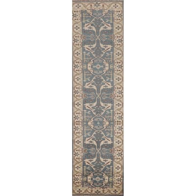 Light Blue Oushak Runner Rug Hand-Knotted Transitional Wool Carpet - 2'5"x 12'0"