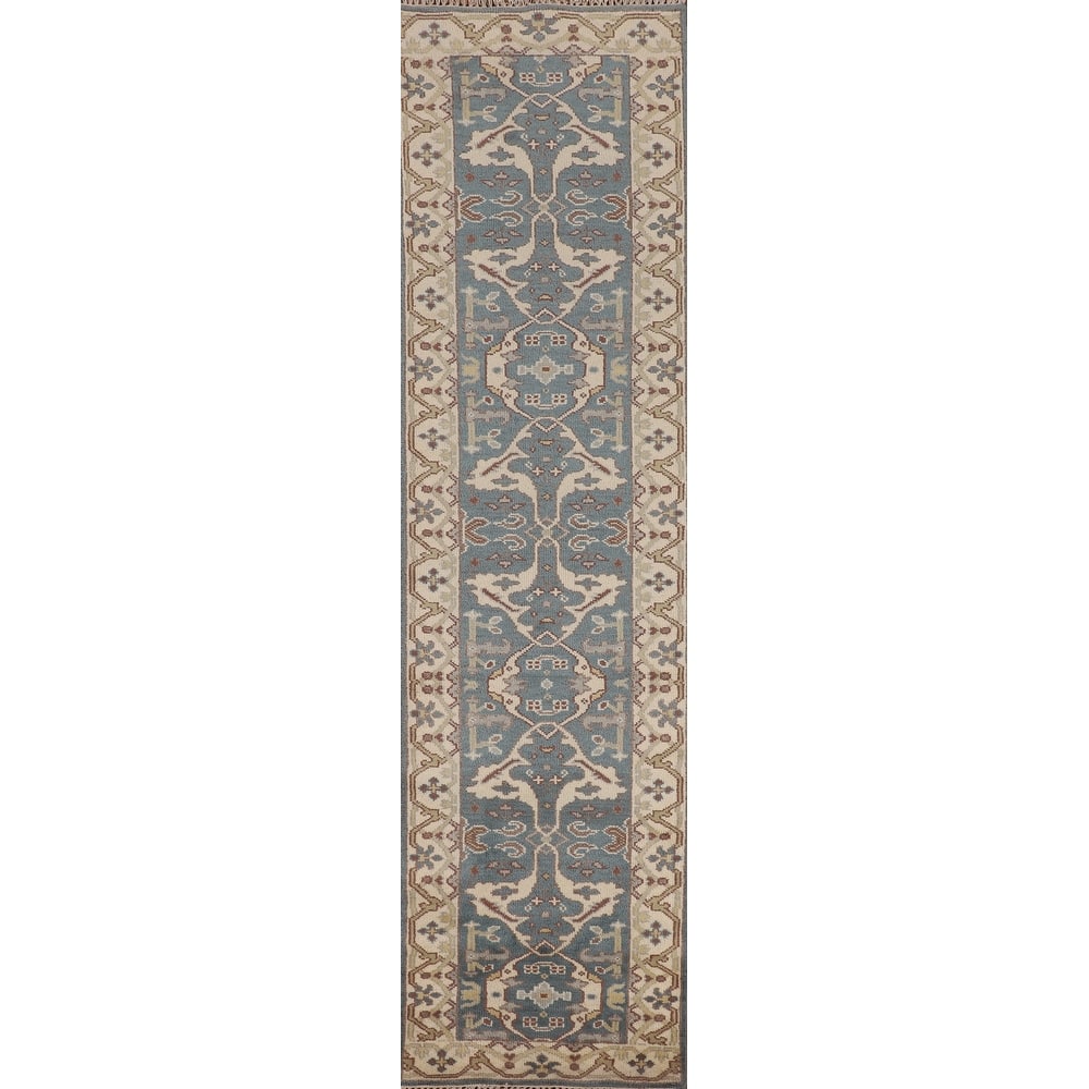 Light Blue Oushak Runner Rug Hand-Knotted Transitional Wool Carpet - 2'5"x 12'0"