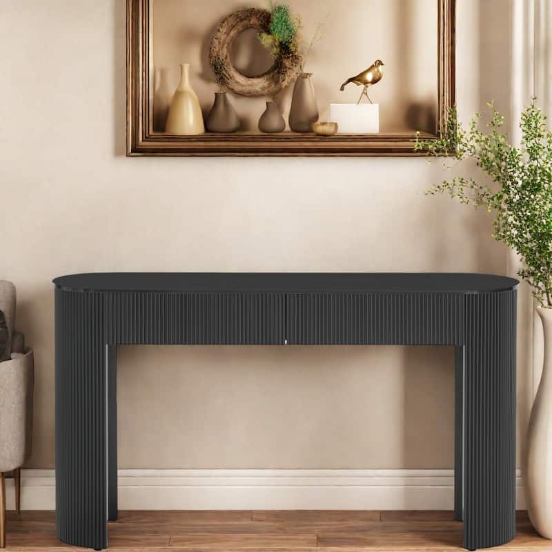 54" MDF Console Table with Fluted Design and Two Drawers for Living Room - Black