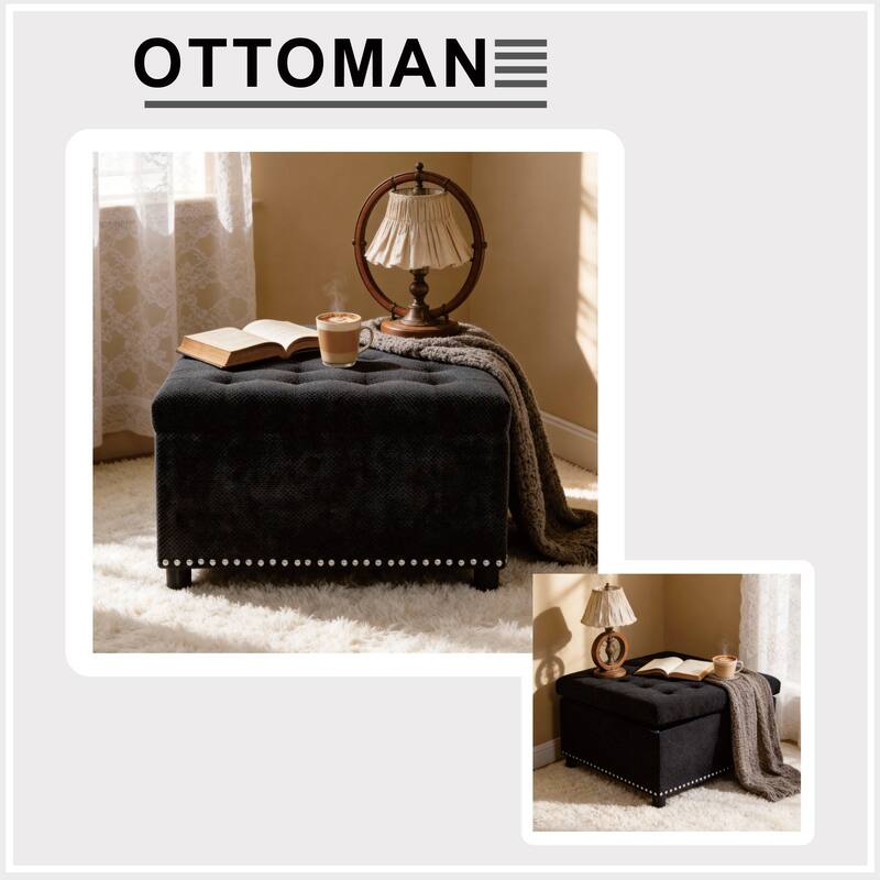 Square Tufted Upholstered Storage Ottoman with Nailhead Trim
