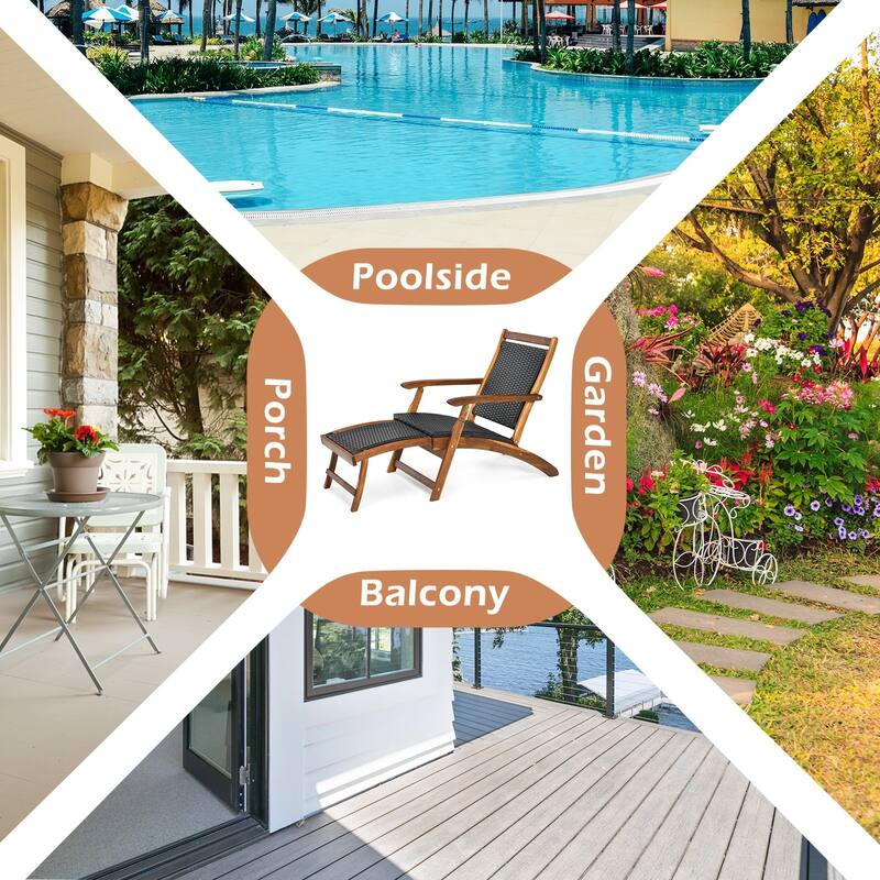 Patio Rattan Folding Lounge Chair with Acacia Wooden Frame Retractable Footrest - 24" x 51.5" x 32.5"(L x W x H)