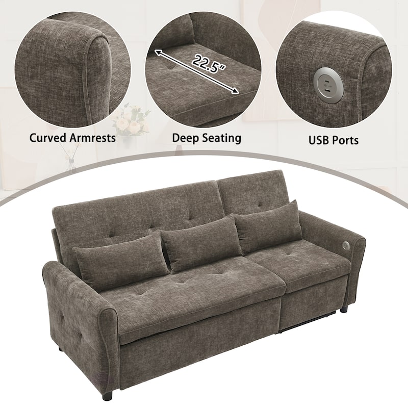2-in-1 Sleeper Sofa Bed, 3 Seater Sectional Sofa with Pull Out Bed, Reversible Recliner Sofa with Pillows and USB Port