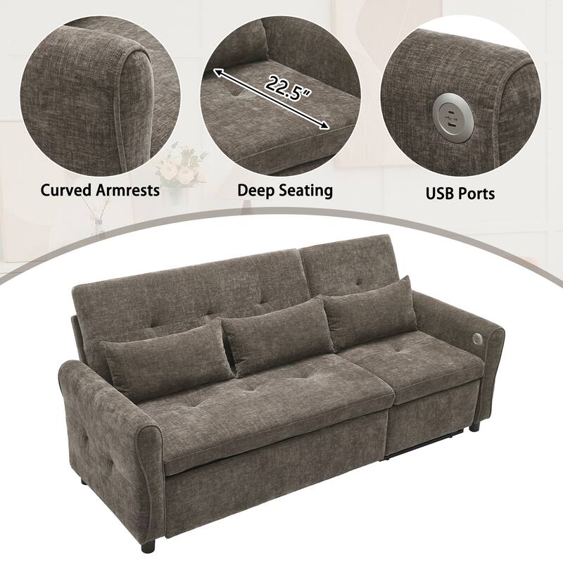 82″ Chenille 2-in-1 Sofa Bed with Adjustable Backrest, Reversible Chaise & USB Ports