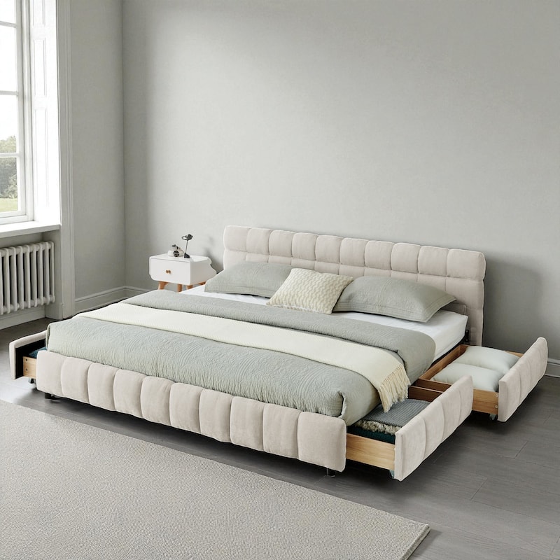 California King Upholstered Bed Frame with Chenille Fabric Headboard and Underbed Storage Drawers Modern Platform Bed - Beige - California King