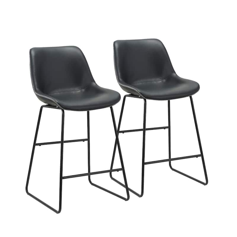 Set of Two Black Faux Leather Bar Chairs with Low Back and Metal Frame - 20” x 21” x 38”