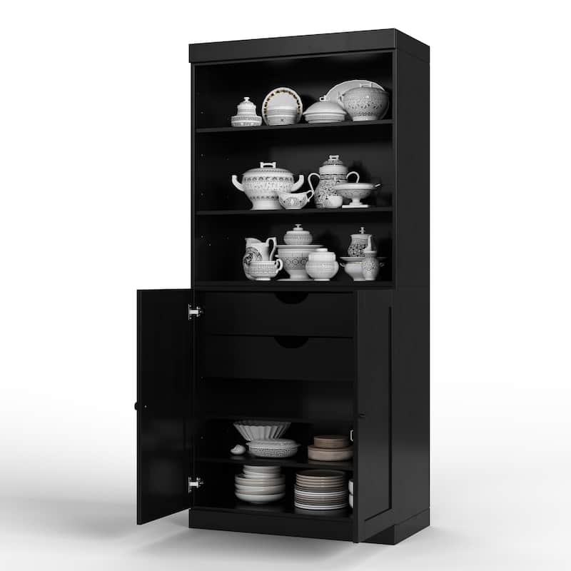 Palace Imports 100% Solid Wood 32" Pantry Cabinet with Shaker Doors, 2-Drawers and Adjustable Shelves - Black