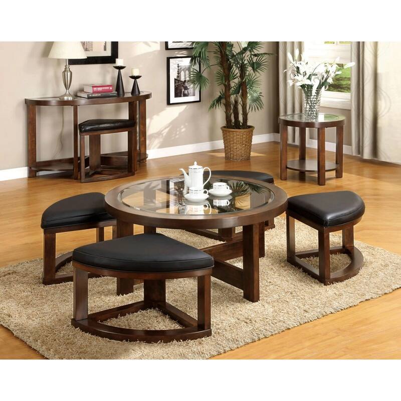 Walnut Coffee Table Glass Insert Top Ottoman Included Table Set Living Room Furniture - Walnut - Small