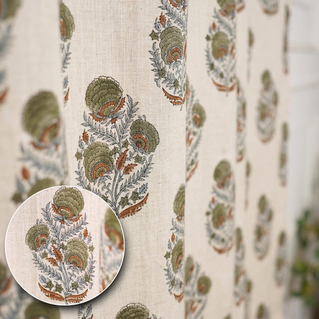 Fabdivine Block Print Green Hook Curtain Panel, Linen Semi Sheer Drape, Window Treatment for Living Room, Nursery, Mohini
