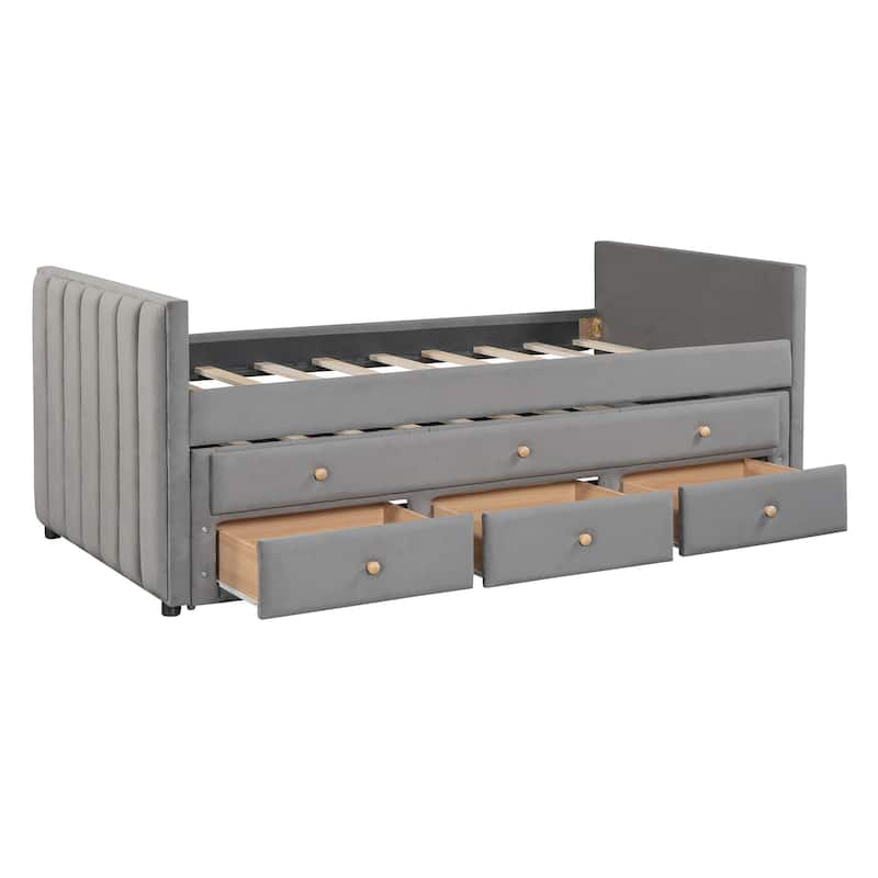 HomeRoots Dark Gray Tufted Velvet Upholstered Full Day Bed With Trundle And Drawers