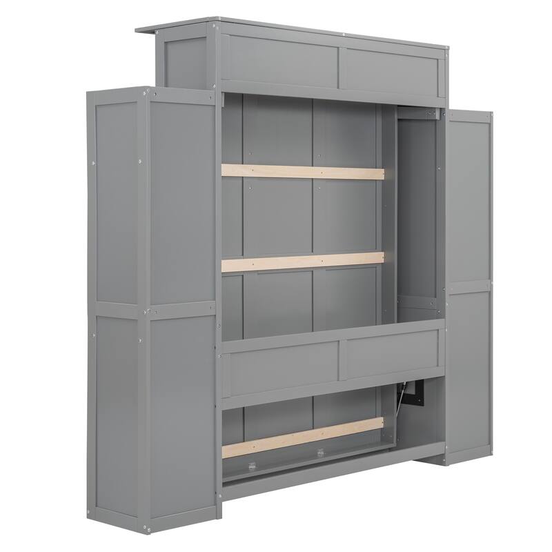 Space-Saving Full Size Wall Bed with Shelves and LED Lights, Gray