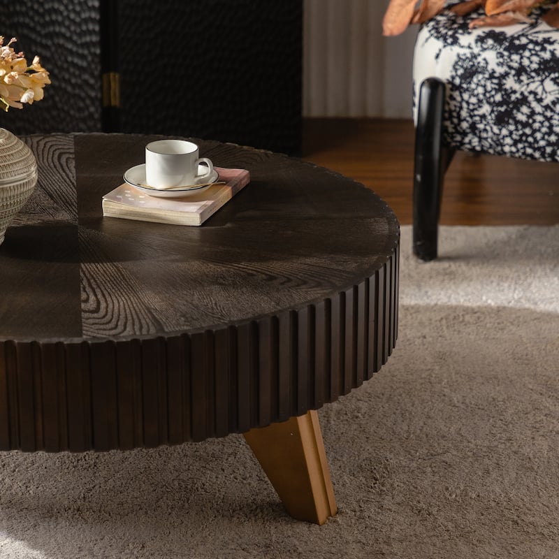 35.4 Inch Retro Round Coffee Table Multifunctional Coffee Table with 3 Solid Wood Legs for Living Room, Brown