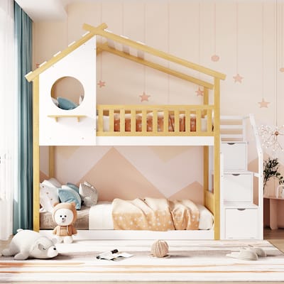 Playhouse-Inspired Twin Bunk Bed with Stairs, Storage, and Fun Window Design