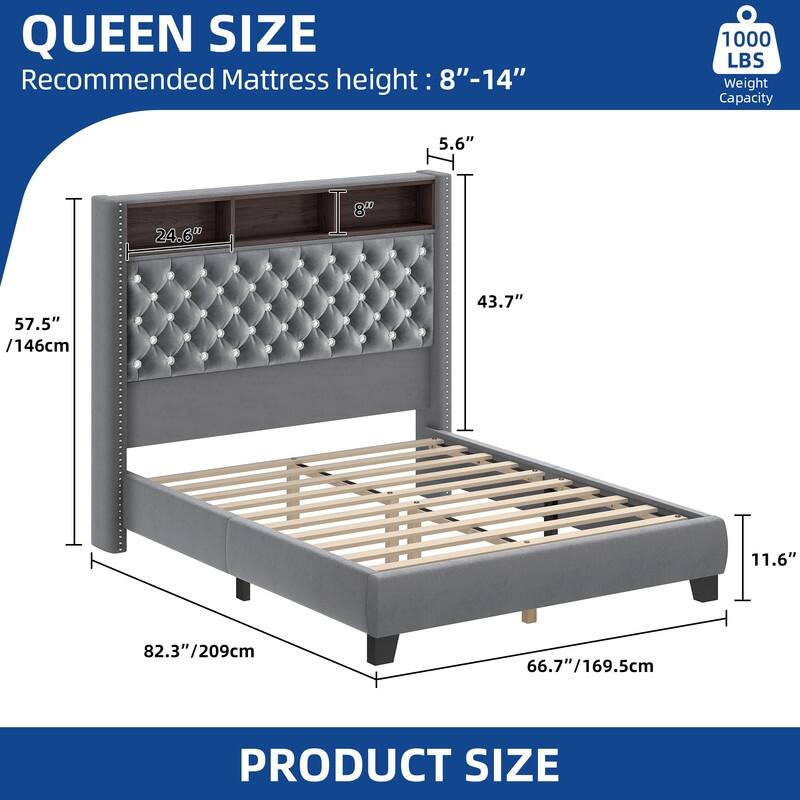 Moasis King/Queen Size Velvet Upholstered Bed Frame with Storage Headboard with USB Charging Stations - Grey - Queen