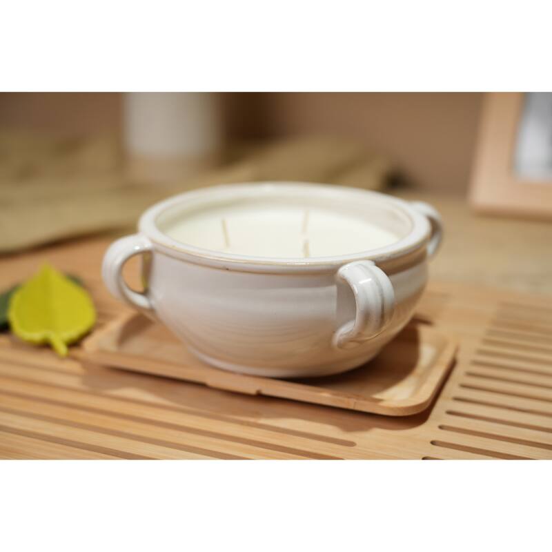 7.13in WH Ceramic Candle w Four Handles (15oz) - Santal