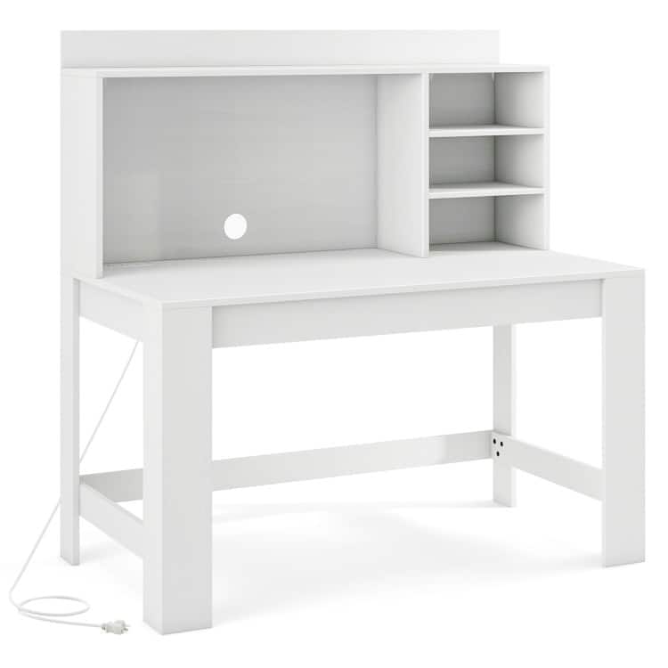 Modern White Computer Desk with Hutch & Charging Station 42.5'' MDF Workstation with USB - White