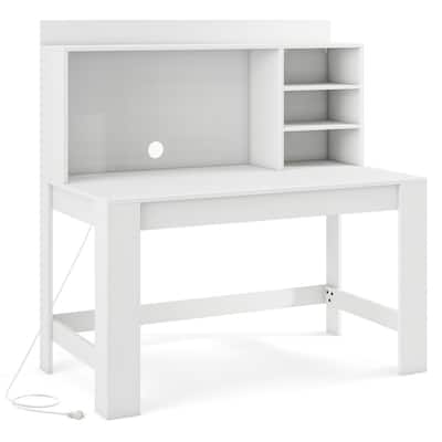 Modern White Computer Desk with Hutch & Charging Station 42.5'' MDF Workstation with USB