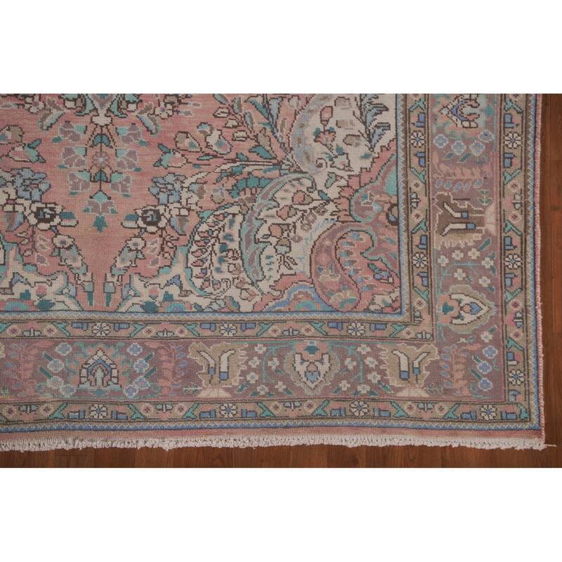 Hand Knotted Oriental 100% Wool Carpet Traditional Floral Pink Tabriz Area Rug - 9' 10'' X 6' 7''