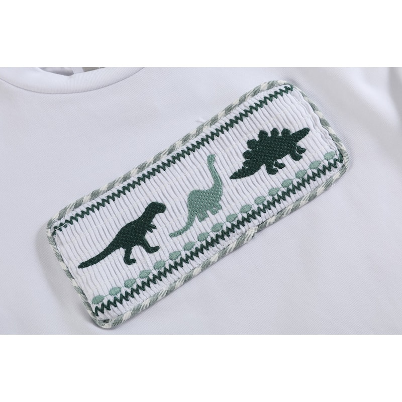 White Dinosaur Smocked Tee and Green Gingham Shorts Set