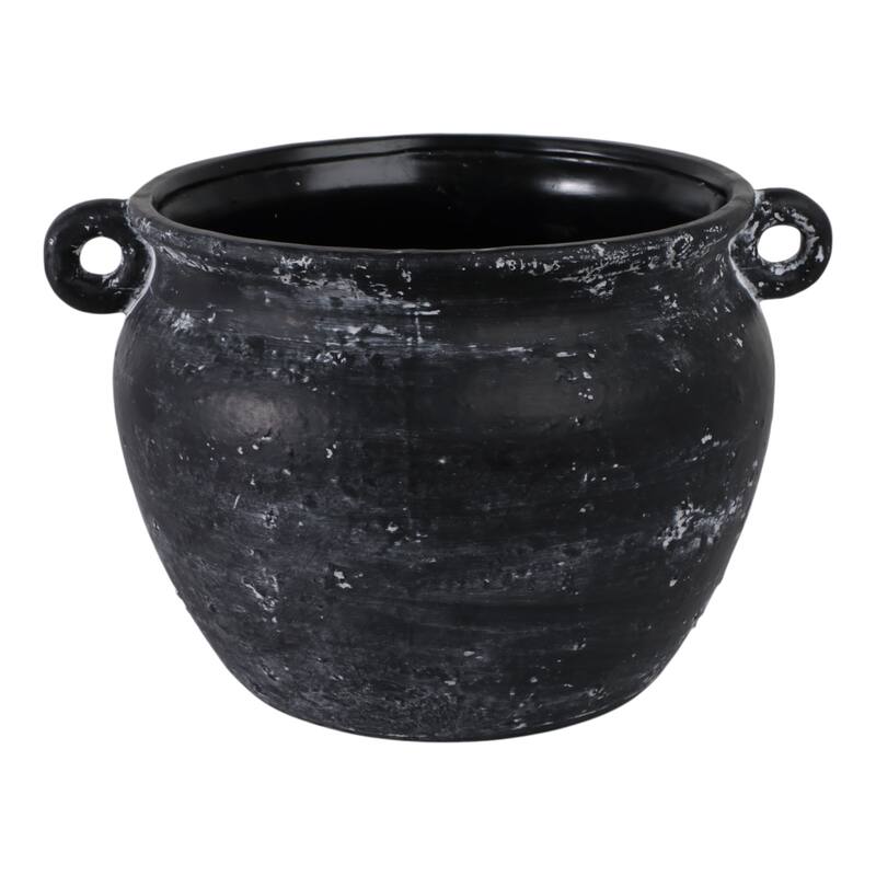 Stoneware Planter Rustic Texture and Handles Vessel Vintage Style - 12.25" x 10.5" x 8" - Black