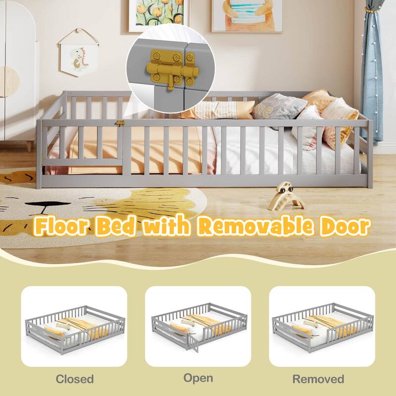 Costway Full Size Floor Bed with Full Length Safety Guardrails & Door