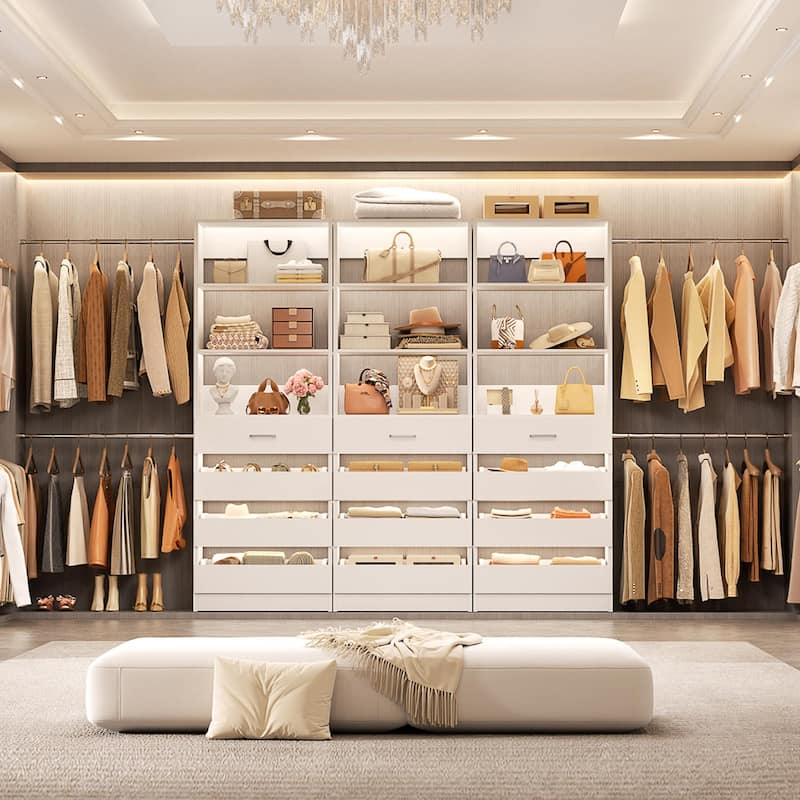 140'' Walk-in Closet Organizer System with 12 Drawers ＆ 4 Hanging Rods, 8.5-11.5FT Wooden Wardrobe Clothes Rack with 3 Towers