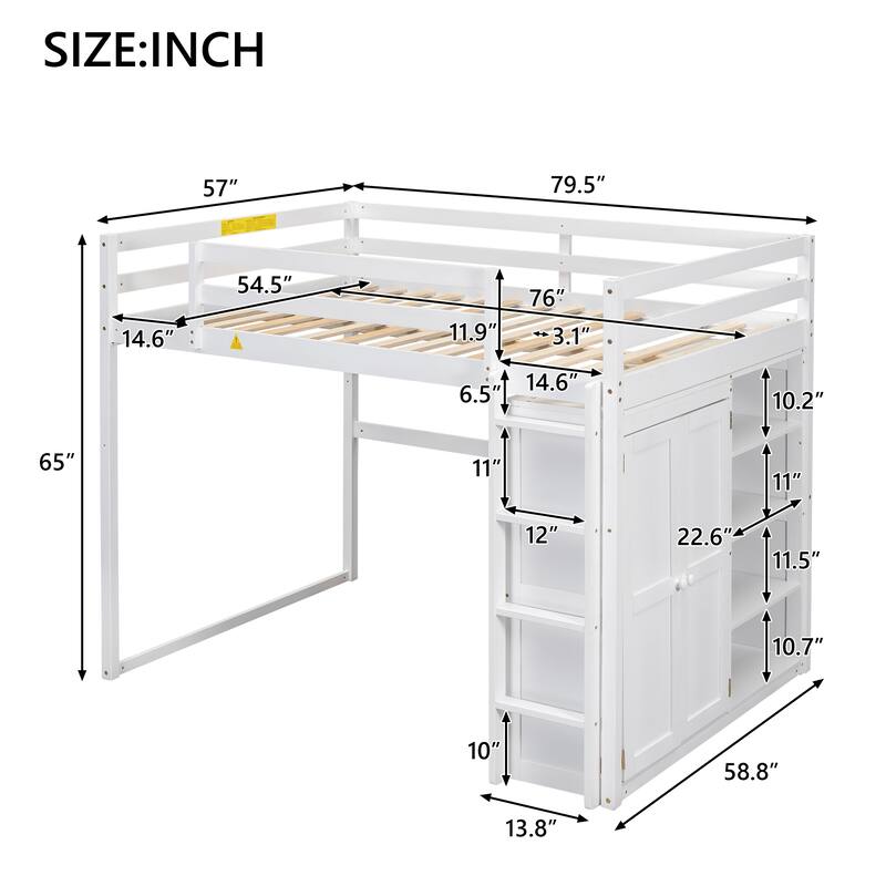 Full Size Loft Bed with Built-in Wardrobe and Storage Shelves, Modern Kids Teens Wood Bed Frame with Led Light