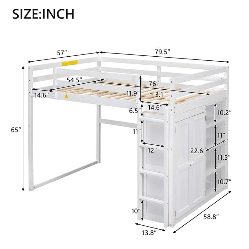 Full Size Loft Bed with Wardrobe, Storage Shelves, and LED Light - Modern Gray Design