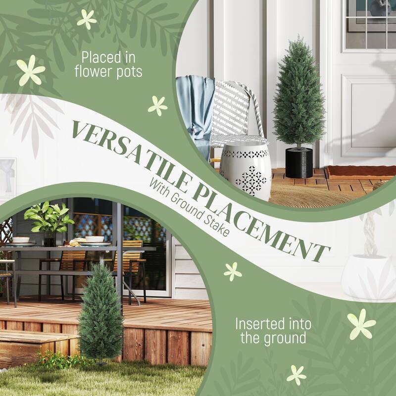 HOMCOM 43.3 Inch Set of 2 Artificial Topiary Cedar Trees, Indoor Outdoor Faux Pine Shrubs Plants with Ground Stake for Garden