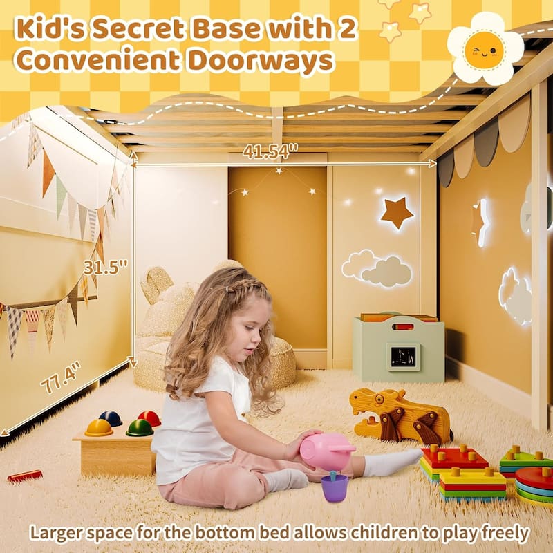 Twin Loft Bed with LED Lights and Storage Bookcase Reading Nook Secret Play Space
