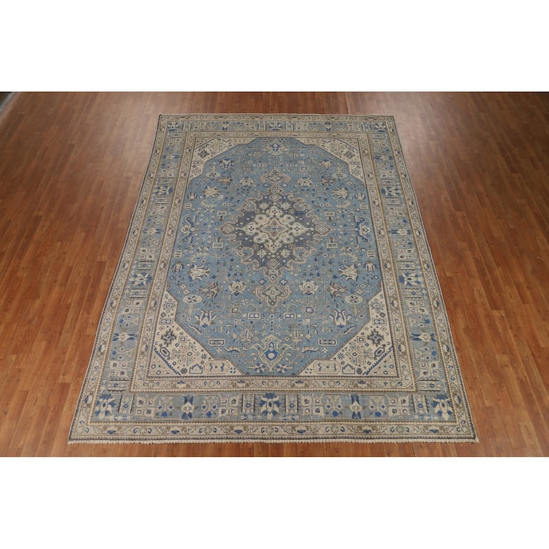 Tabriz Persian Area Rug Handmade Geometric Blue Wool Carpet - 8'0"x 11'0"