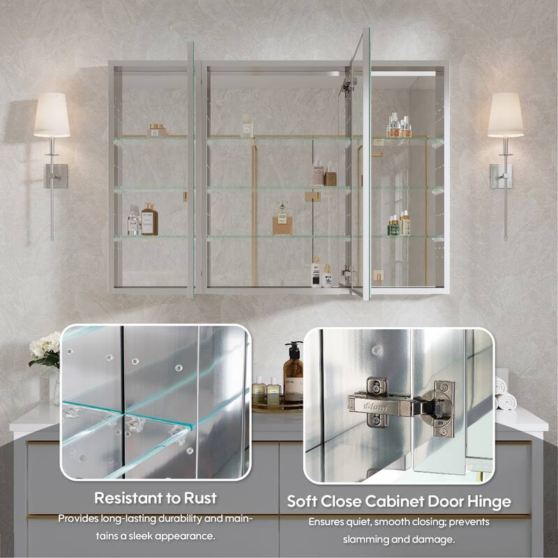 44"W X 30'H Bathroom Recessed or Surface Wall Mount Medicine Cabinet With Adjustable Glass Shelves