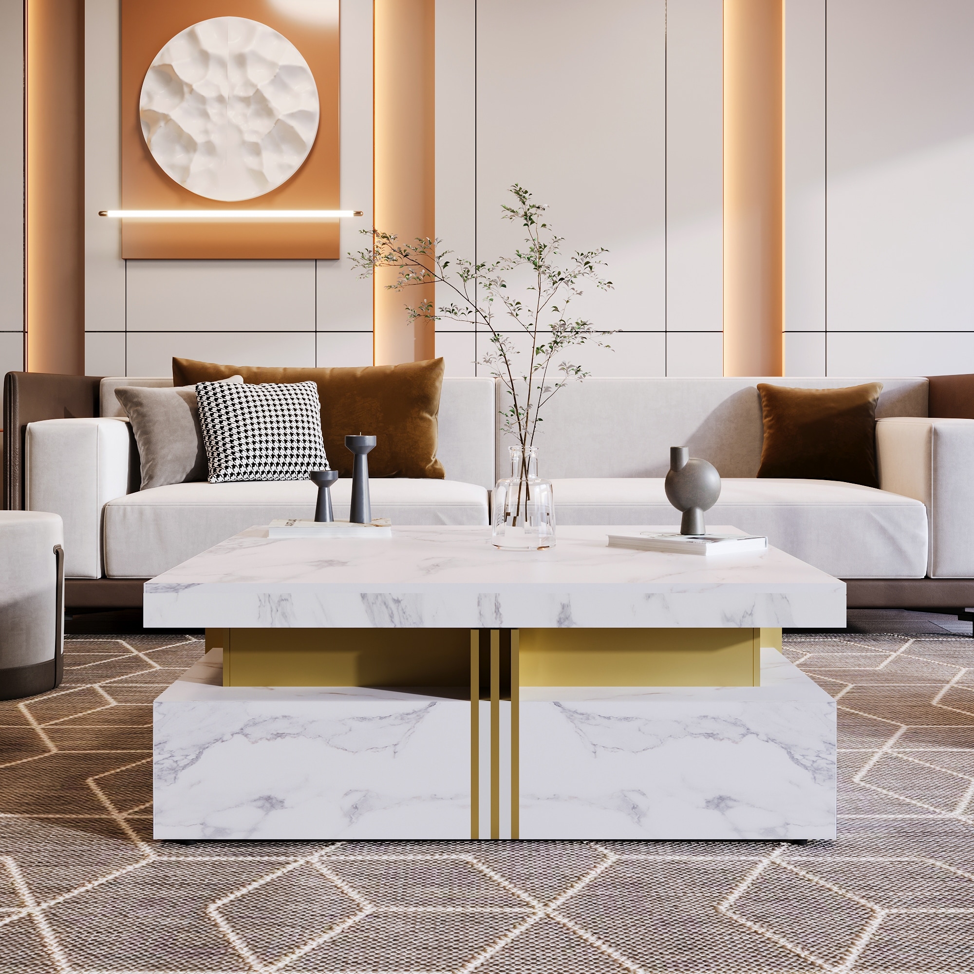 Luxury Storage Coffee Table, 43.3" Square Center Table with Sturdy Base, Accent Tea Tables with 4 Drawers for Living Room