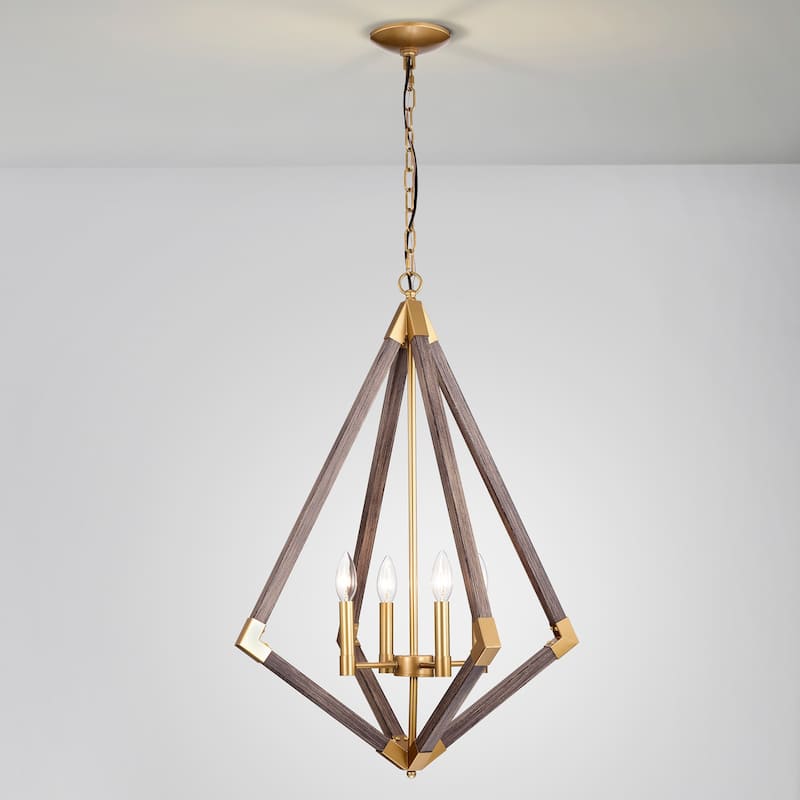 Kara Matte Gold+Wood Grain 4-Light Geometric Chandelier
