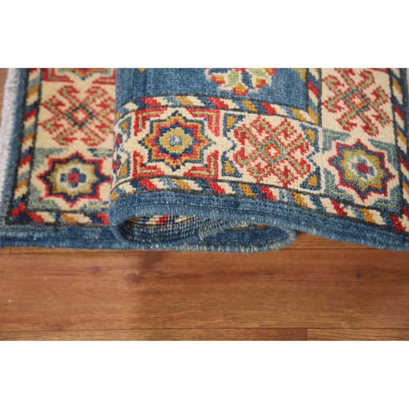 Blue Geometric Kazak Oriental Foyer Rug Handmade Wool Carpet - 2'0" x 3'0"