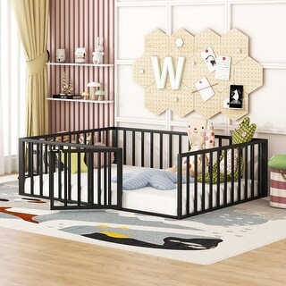 Black Full Size Floor Bed, Montessori Bed Frame w/ Fence-Shaped Guardrails and Door, Metal Floor Full Bed for Kids, Toddler