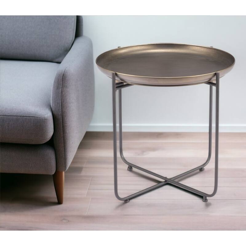 Compact 21-inch Round Steel End Table with Stylish Bronze Top and Grey Cross Frame Base - 21.3”H x 23”W x 23”L