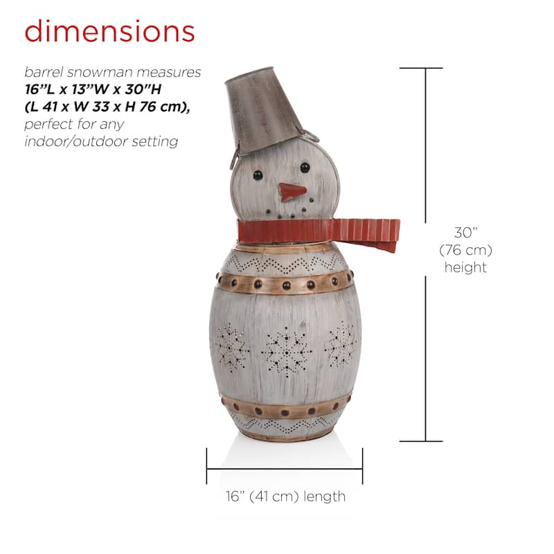 Alpine Corporation 30"H Indoor/Outdoor Metal Barrel Snowman Christmas Holiday Decoration with LED Lights - Silver