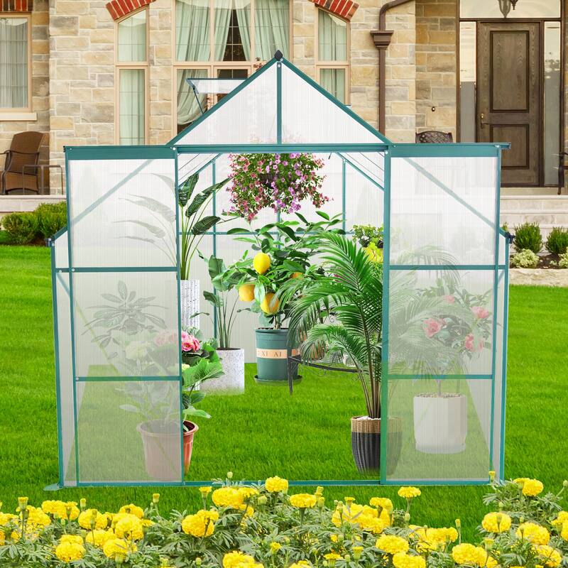 8x8 FT Double Door Greenhouse Raised Base and Anchor Aluminum Heavy Duty Walk-in Greenhouses for Outdoor Backyard in All Season