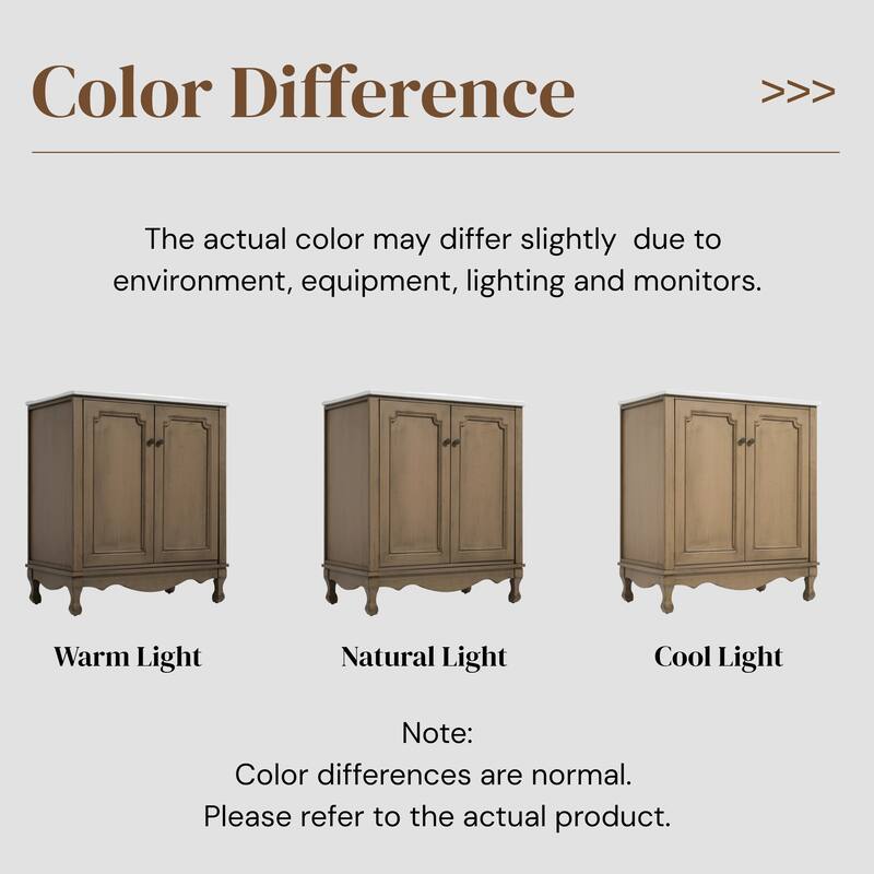 30" Vintage Bathroom Vanity with Ceramic Sink, Bathroom Vanity Cabinet with Antique Pulls, Bathroom Storage Cabinet