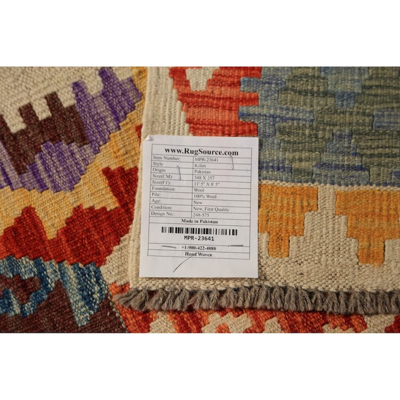 Geometric Kilim Oriental Area Rug Hand-Woven Wool Carpet - 8'5"x 11'5"