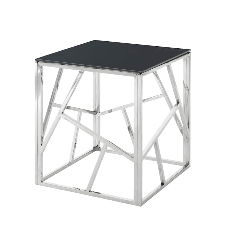 Square End Table with Tempered Glass Top and Geometric Metal Frame