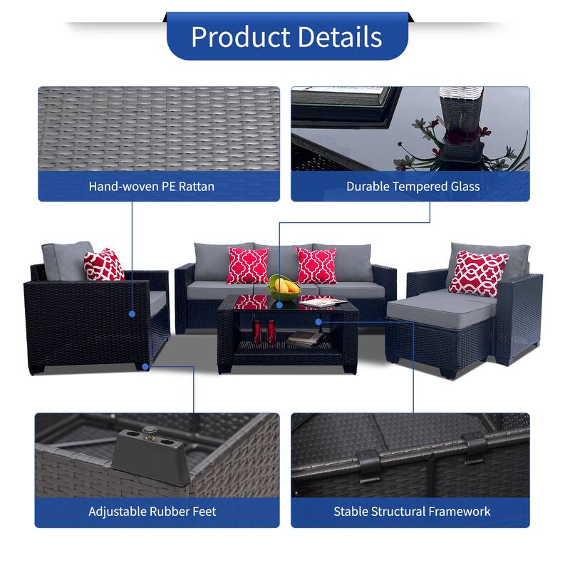 7 Piece Patio Furniture Set, Outdoor PE Rattan Wicker Sectional Sofa Set with 2 Sofa Chairs and Tempered Glass Table