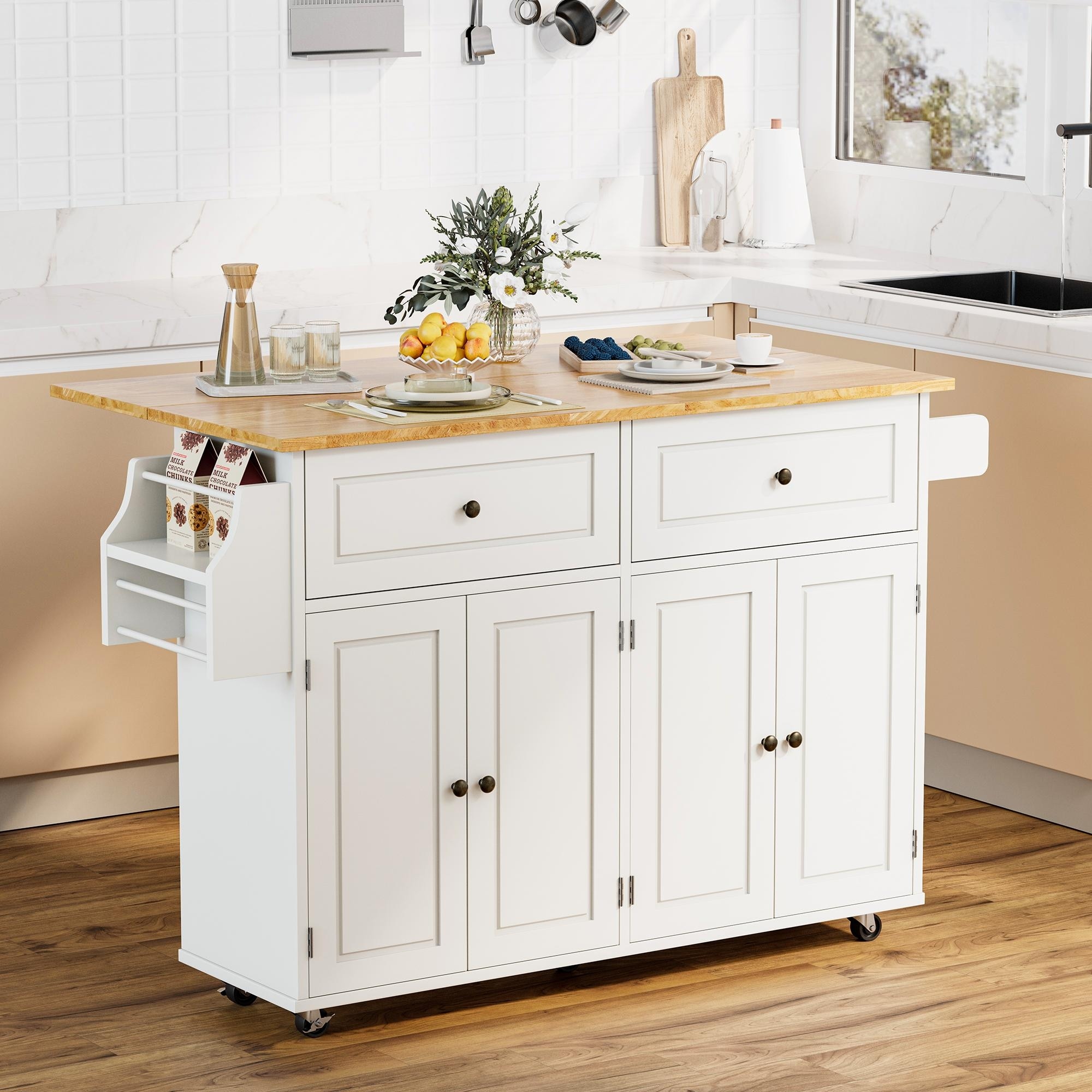 52" Large Kitchen Island Cart with Drop Leaf, 2 Drawers, Storage Cabinets, Rolling Mobile Island