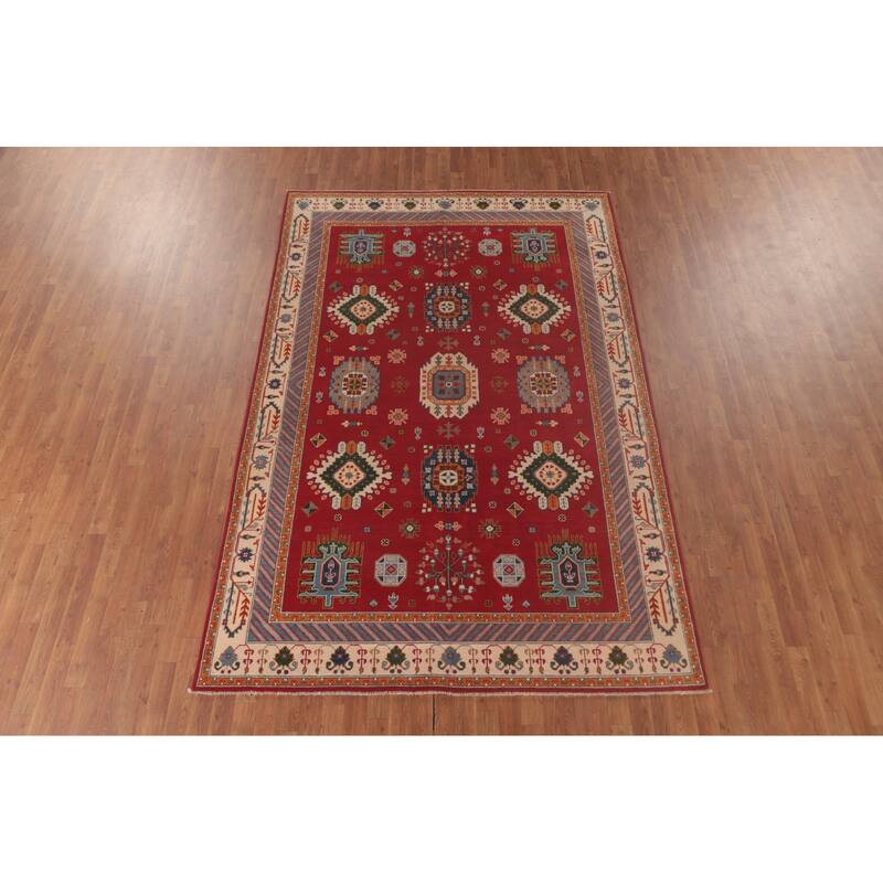 Geometric Red Kazak Area Rug Handmade Oriental Wool Carpet - 6'6" x 9'10"